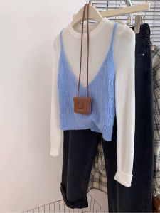 Blue Knitted Crop Top And Vest Set Womens Spring Autumn Bottoming Shirt French Style Outerwear Two-Piece Suit Fashionable Ensemble