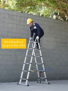 Thang nhôm rút đôi có bánh xe di chuyển tiện lợi thanh giằn gia cố đảm bảo an toàn khóa thang 2 lớp - NIKITA AID