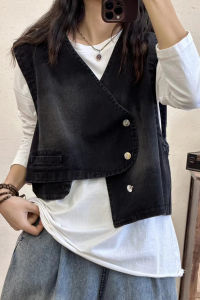 Fashionable Uneven Sleeveless Denim Jacket Womens Vest Spring Summer New Korean Style Versatile Outerwear V-Neck Button Detail