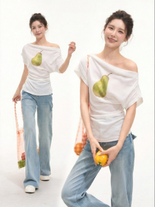 HTMEME | Cooling Snow Pear Print Loose Neck Short Sleeve T-shirt