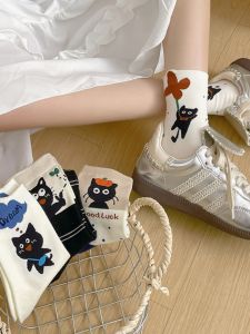 2025 New Spring Summer Comfortable Breathable Pure Cotton Simple Cartoon Cute Cat Japanese Style Womens Mid-Calf Socks