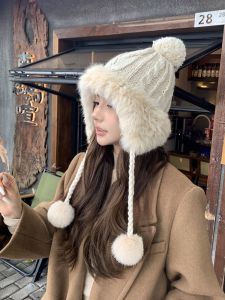 Rabbit Fur Knitting Woolen Cap Womens Autumn and Winter Korean All-Match Warm Fleece-lined Face Slimming Small Ear Protection Fur Hat Big Head Circumference
