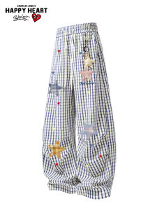 CHARLES JANGS HAPPY HEART | Heart Pattern Plaid Star Loose Straight Pants