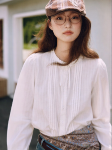 BY IHAPPY | Áo Sơ Mi Cổ Tròn Viền Ren Trắng Bằng Cotton
