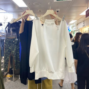 เสื้อฮู้ดแขนยาวคอวีลายโซ่ไข่มุกไซส์ใหญ่สำหรับผู้หญิง ทรงหลวม สไตล์เกาหลี เสื้อผ้าทำงานฤดูใบไม้ร่วง สีพื้น