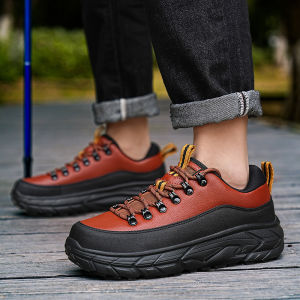 Mens Sporty Casual Shoes Ultra-Leather Upper Waterproof Outdoor Climbing Shoes Anti-slip Wear-resistant Hiking Shoes Large Size
