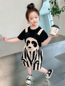 Panda Print เด็กผู้หญิง S ชุดหน้าร้อน ผ้าฝ้าย ผ้ากันเปื้อนแขนสั้น ชุดเอี๊ยม และ เสื้อท่อนบน ชุดสองชิ้น น่ารัก เด็กทารก เด็กผู้หญิง ทันสมัย เสื้อผ้า