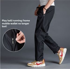 Sports Pants Mens Trousers Autumn and Winter Thickening Men Casual Pants Polyester Smooth Surface Fleece-lined Quick-Drying Weatherproof Straight-leg Web Pants