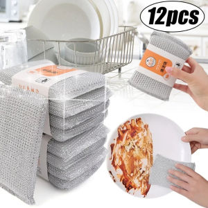 12pcs Double Sided Cleaning Sponge Non-stick Oil Kitchen Dishcloth Steel Wire Dish Sponge Wipe Reusable Household Cleaning Tool