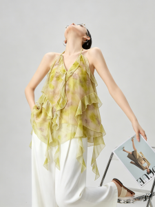 GULILI | Green Printed Ruffle Neck Sleeveless Top