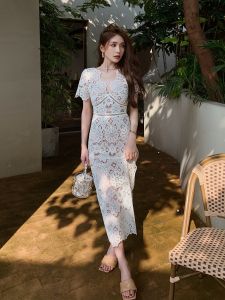 Autumn High-End Sensation Beige Heavy-Lace Short-Sleeve V-Neck Dress High-Waist Slim-Fit Pencil Long Skirt Womens Dress