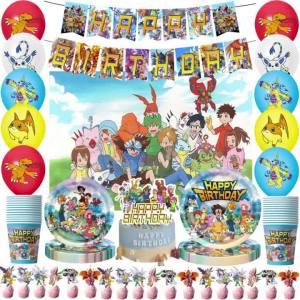 Hasbro | Digital Monster Birthday Party Decorations Digimon Paper Cup Plate Balloon Banner Cake Toppers Kids Baby Shower Party Supplies
