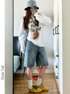 ฤดูร้อน 2024 ลำลอง หลวม ขาตรง เดนิม กางเกงขาสั้น สําหรับสาววัยรุ่นวินเทจล้างห้าปุ่ม กางเกงยีนส์ ธรรมชาติ เอว ความหนาปกติ