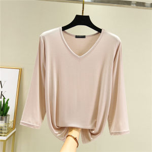 เสื้อยืดคอวีทรงหลวมสไตล์เกาหลีสำหรับผู้หญิง แขนยาว 7 นิ้ว ทรงหลวม สีพื้น ไซส์ใหญ่ ทรงสลิมฟิต เสื้อยืดคอวี