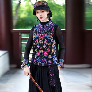 Phong Cách Vintage Thêu Ngựa Kẹp Nữ Tay Ngắn Bể Nữ Sáng Rèn Lyocell Sợi Cổ Áo Đứng Chiều Dài Thông Thường