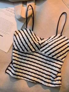 Black White Striped Strap Vest Women Inner Spring Thin Short Style Spicy Girl Tube Top Shirt Cozy Toes Commute Slim Fit Short Sleeve