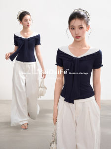 BAIDAIFEI | Design Navy Two-piece V-neck Short Sleeve T-shirt Summer Fitted Slim