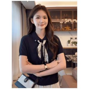 HUOLISI | Neck Scarf Polo Collar Ice Silk Knitted Summer T-Shirt Female Loose Slim Fit