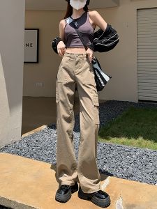 High-Waist Straight-Leg Denim Jeans for Women Spring/Autumn Loose Slimming American Style Wide-Leg Pants with Zipper and Buttons