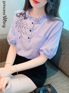 WANGGONGZHU | Elegant Embroidered Chiffon Blouse Womens Summer Fashion Design Sense Small Shirt Beautiful Wood Grain Edge New Style