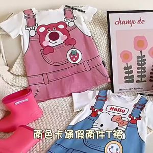 2-7 Years Children Girl Summer Cute Fake two pieces Cartoon Short Sleeved T-Shirt Dress