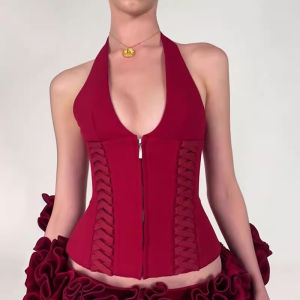 chaqi | เสื้อกั๊กสั้นคอวีสีแดง Pure Desire Style สำหรับผู้หญิงในช่วงฤดูร้อน สไตล์ใหม่ เสื้อคลุมกันหนาวทรงสลิมฟิต ดีไซน์เก๋ไก๋และเซ็กซี่