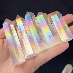 Aura Crystal Point Healing Obelisk Clear Quartz Colorful Halo Wand Beautiful Ornament for Home Decor Pyramid Souvenir DIY Gift