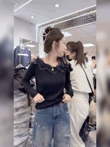 เสื้อยืดคอวีแขนยาวสีดำสไตล์ฝรั่งเศสสำหรับผู้หญิง ดีไซน์เก๋ไก๋ แขนกุด ผ้าตาข่าย คอวี ทรงเข้ารูป ฤดูใบไม้ร่วง/ฤดูหนาว