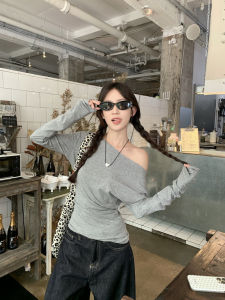 Gray Long Sleeve Shoulder Bared T-Shirt Womens Fashion Slim Fit Inner Wear Base Layer Youthful Korean Style Commute Design