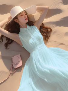 Little Summer New Arrival French Seaside Vacation Style Stylish Waist Slim Looking Sleeveless Blue Green Long Dress