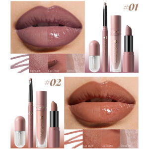 4pcs/Set Long Lasting Waterproof Lip Makeup Kit - Soft Smooth Creamy Lipliner Lipstick & Lip Gloss Lip Oil Set