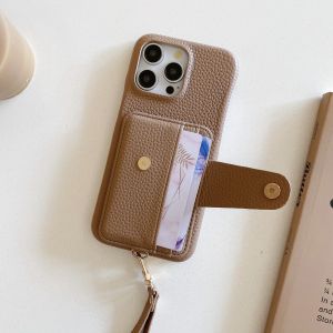 Litchi Pattern PU Leathe Light Brown Phone Case for iPhone 11 12 13 14 15 16e Pro Max with Stylish Lanyard Multi Card Holder