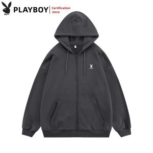 เสื้อสเวตเตอร์เพลย์บอยสำหรับฤดูใบไม้ผลิและฤดูใบไม้ร่วงฮูดดี้คาร์ดิแกนซิปผู้ชายเสื้อเสื้อโค๊ตแนวสปอร์ตแฟชั่นทรงหลวม