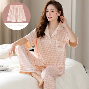 Miiow | Cat Person Three-Piece Sleepwear Cotton Lightweight Short Sleeve Long Pants Home Clothes Spring Autumn Womens Style MiiOW