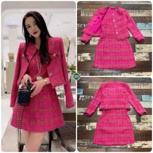 P011-004 PIMNADACLOSET - 2 Pieces Long Sleeve Crewneck Button Down Plaid Tweed Blazer Jacket Coat And Sleeveless Mini Dress Set