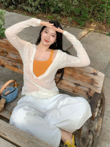 YUEZHONGWEI | Thai Style Dopaamine Summer Outfit White Sun Protection Cover Up Tank Top Two Piece Set Long Sleeve V Neck Overhead Clothes