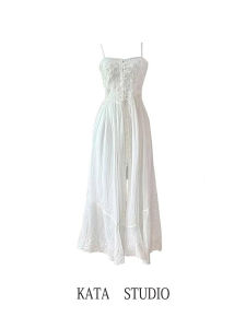 French Pure White Jasmine Heavy Embroidery Strap Dress Women Summer Waist Cinch Vacation White Dress A-Line Long Sleeveless