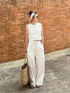 White Linen Suit Female Summer New Minimalist Old Money Style Sleeveless Short Top Loose Pants Cotton and Linen Two-Piece Suit