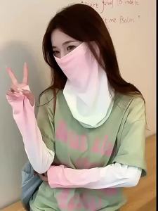 Sunscreen Ice Sleeve Face Mask for Women Summer Outdoor Cycling and Driving UV Protection Loose Ice Silk Hand Sleeve Sunshade Set