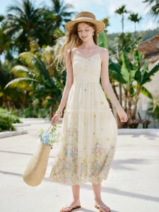 XIANGYING | French Elegant V-Neck High-Waist Lace-Up Yellow Slip Dress New Style
