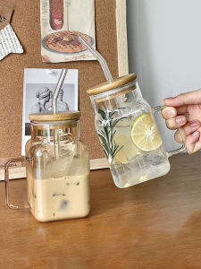 Square Glass Straw Cup with Lid High Borosilicate Mug Lemon Water Cup Milk Tea Cup Modern Minimalist Style Commercial Use