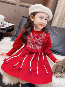 ชุดเดรสถักสีแดงสำหรับเด็กผู้หญิง ฤดูใบไม้ร่วง 2024 ชุดเดรสสเวตเตอร์ฤดูใบไม้ร่วง/ฤดูหนาวสำหรับเด็กผู้หญิง กระโปรงเจ้าหญิงพร้อมโบว์ กระโปรงทรงเอ