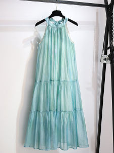 Elegant Ice Lake Blue Silk Neck Hanging Womens Dress Summer New Style Commute Korean Version Loose Waist A-Line Long Skirt
