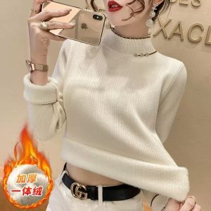 เสื้อสเวตเตอร์คอปกสั้นหนาสำหรับผู้หญิงในฤดูหนาว 2022 เสื้อเชิ้ตทรงพอดีตัวแบบสวมหัวแขนยาวสีพื้นสำหรับใส่ไปทำงาน