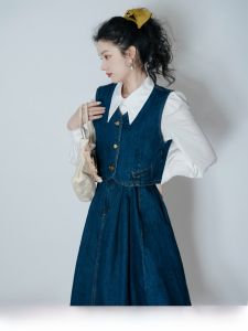 Anti-Aging Vintage เดนิม เดรส Set Early ฤดูใบไม้ร่วง เสื้อผ้าผู้หญิง 2024 New Spunky เดรส Retro Two-Piece กระโปรง Ensemble