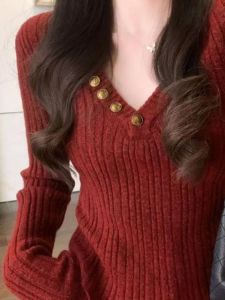 Christmas Red V-Neck Knitted Sweater Womens Slim Fit Autumn Winter New Style Commute Style Korean Version Base Shirt Top