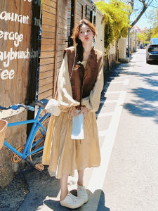 French Vintage Dress Set Womens Autumn New Style Super Beautiful Age-Defying Suede Vest Long Dress Two-Piece Set High Waist A-Line Skirt Long Sleeve round Neck