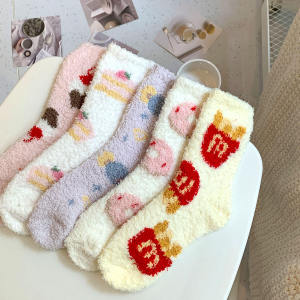 Winter Warm Coral Fleece Plush Home Socks French Fries Burger Pattern Girls Mid-Calf Thickened Soft Cotton Slipper Socks