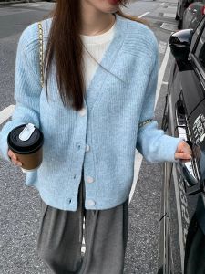 New Blue Color Lazy Knitting Cardigan Sweater Womens Coat Spring and Autumn Korean Gentle Loose V-neck All-Matching Tops