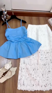 Set đồ nữ mặc hè set thiết kế áo Jean hai dây có mút ngực dáng peplum phối chân váy Ren hai lớp dài